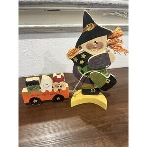 Vtg Wooden Hand Painted Decor Halloween Witch Wagon Friends Primitive Whimsical